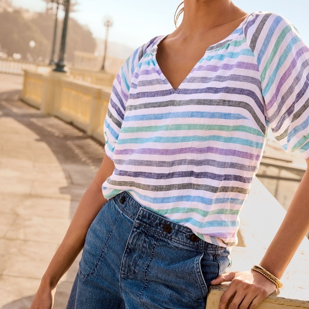 Talbots Multicolor Striped V-Neck Blouse 100% Linen Short Sleeves PL